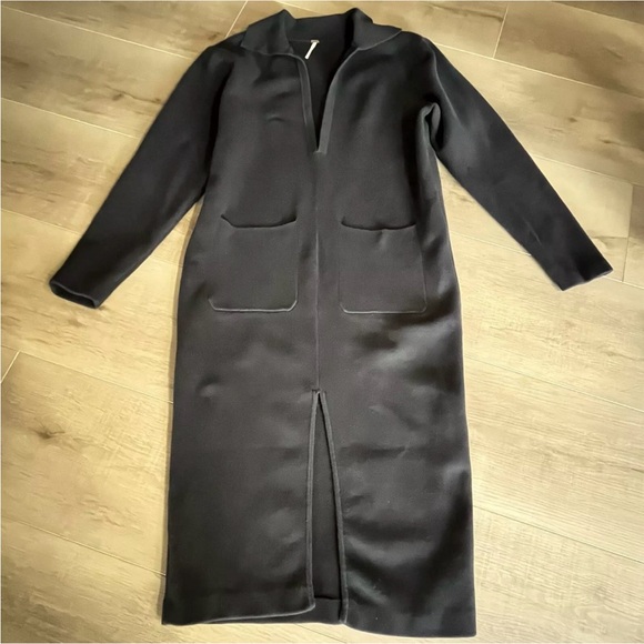 Free People Black Midi V Neck Front Slit LS Dress 44” Bust Goth Grunge Witchy - Picture 5 of 10